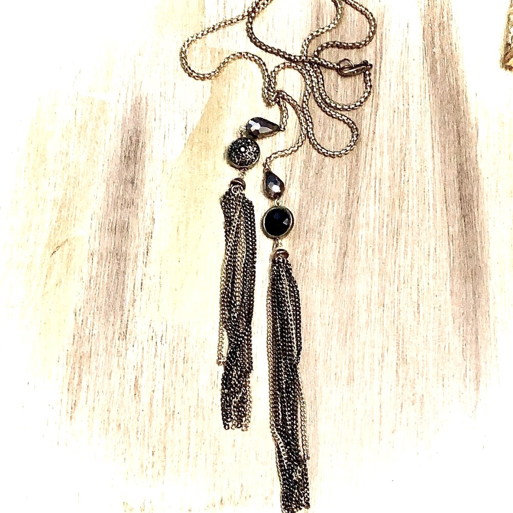 NWT Long Pewter\Gold Chain Tassel Necklace Jeweled Medallions Snake Link Chain